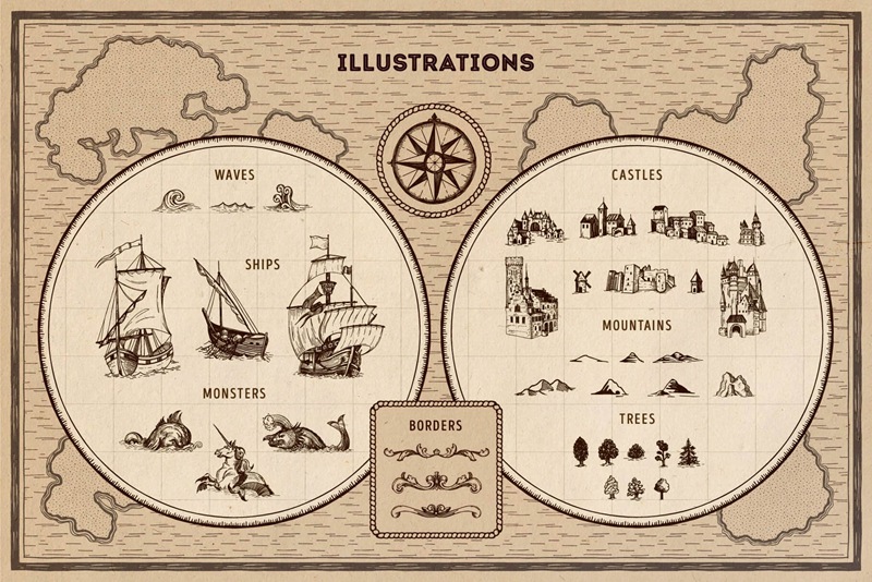 老式复古仙境地图山脉数目建筑等航海地图制作工具包Magic Lands: Vintage Map Creator 笔刷资源 第4张