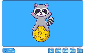 可爱的浣熊漫画矢量插画 Cute Raccoon Sitting On Moon Cartoon