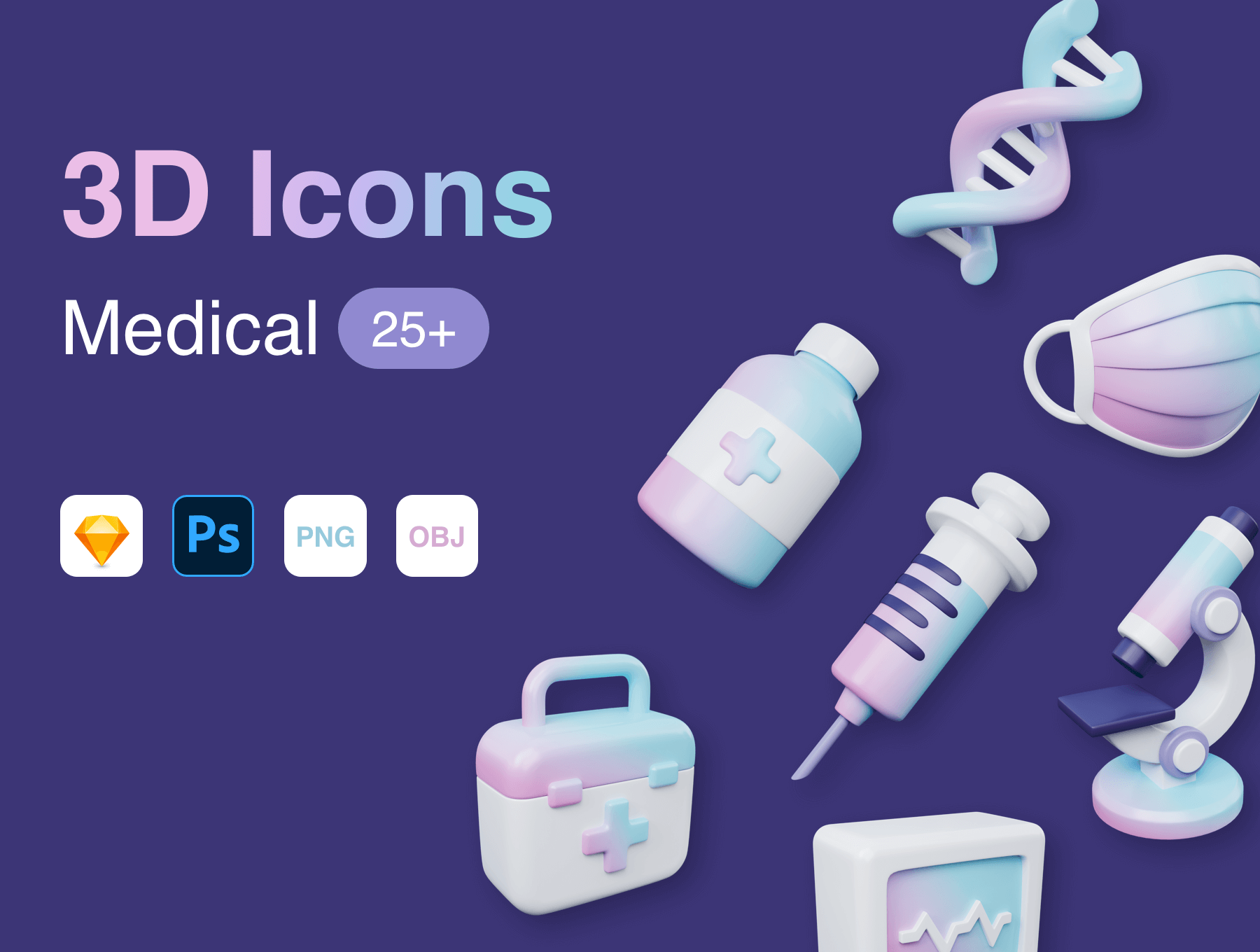 25+独特完全分层医疗图标白色彩色元素 OBJ，PSD，sketch，PNG 3D Medical Icons 图标素材 第1张