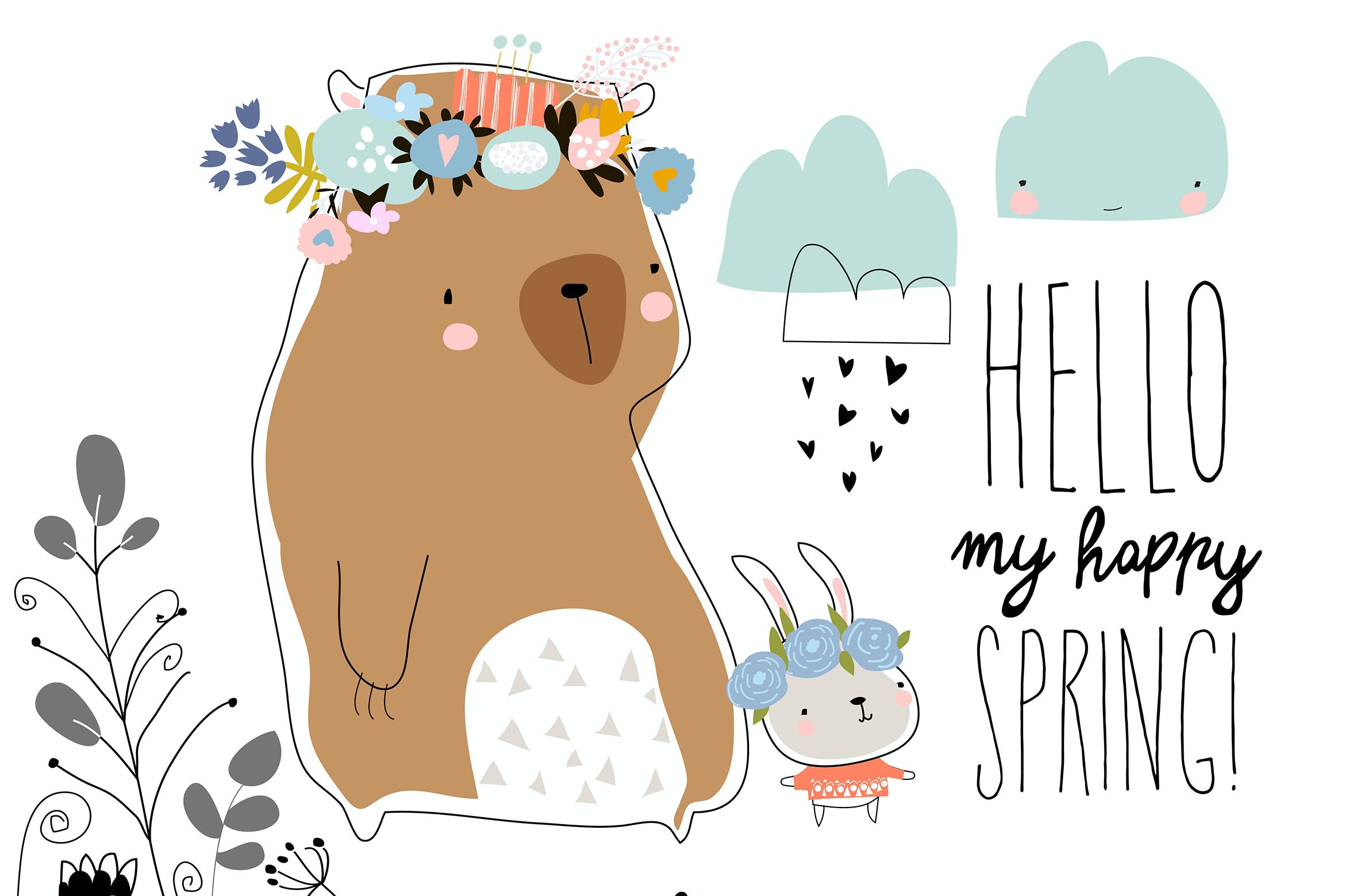 可爱的熊和小兔子春天矢量插画 Cute bear with little bunny staying in spring plan 图片素材 第1张