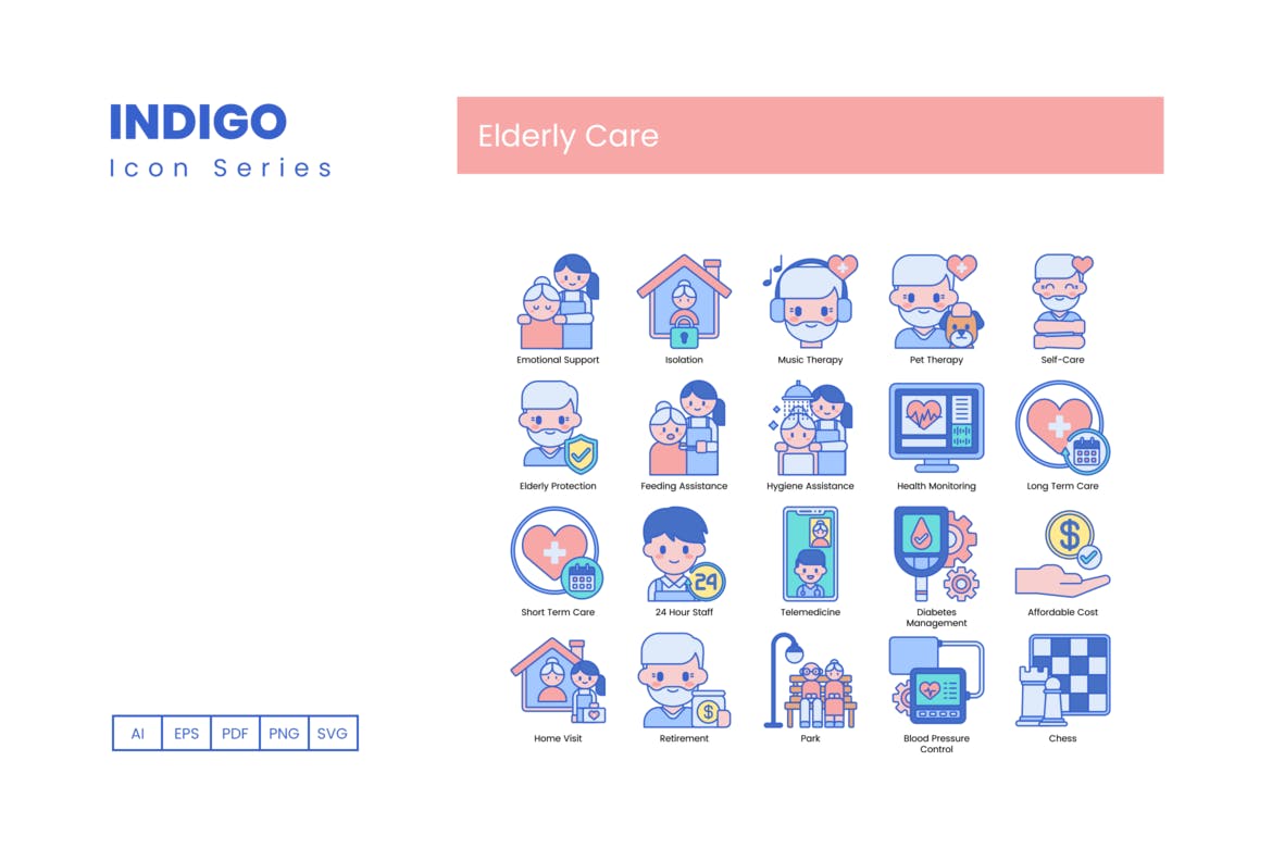 80个靛蓝系列老年护理图标 80 Elderly Care Icons – Indigo Series 图标素材 第5张