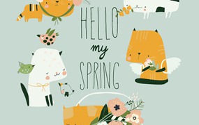 猫咪花朵矢量卡通春天插画 Vector cartoon set of funny cats with spring flowe
