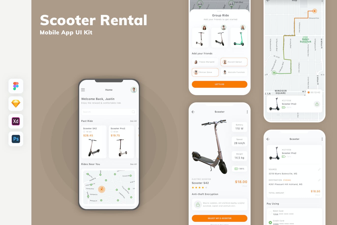 滑板车租赁App移动应用设计UI工具包 Scooter Rental Mobile App UI Kit APP UI 第1张