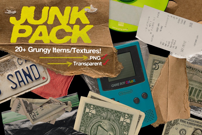 20+复古嘻哈纸壳纸张撕裂货币纹理塑料袋划痕纹理 Junk Pack | 20+ Items/Textures 图片素材 第1张