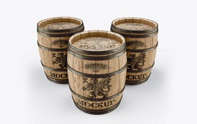 葡萄酒木桶标签品牌设计样机 Set Wooden Barrels Mockup