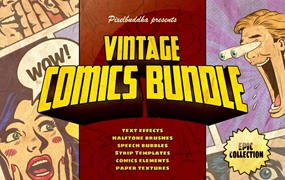 漫威效果奇妙的文字效果半色调画笔纹理复古漫画元素工具包 Marvelous Vintage Comics Bundle
