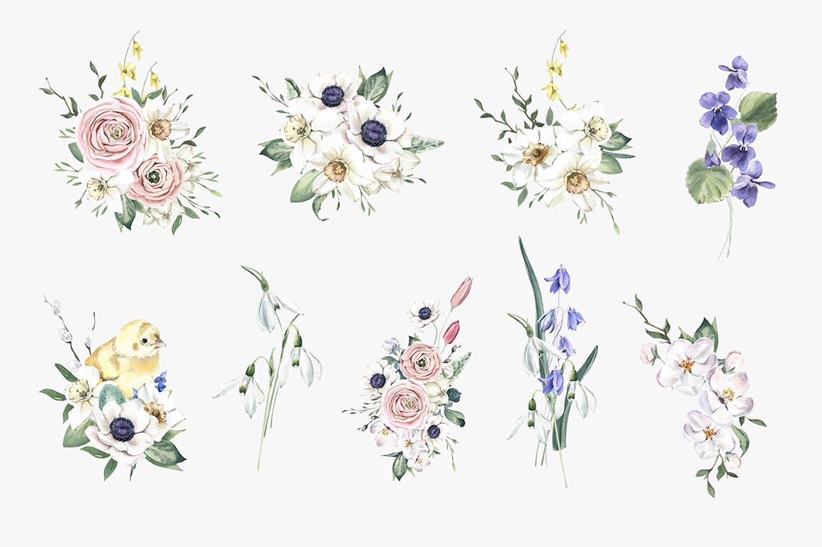 盛开的春季水彩花束手绘插画 Blooming Spring Watercolor Bouquets 图片素材 第2张