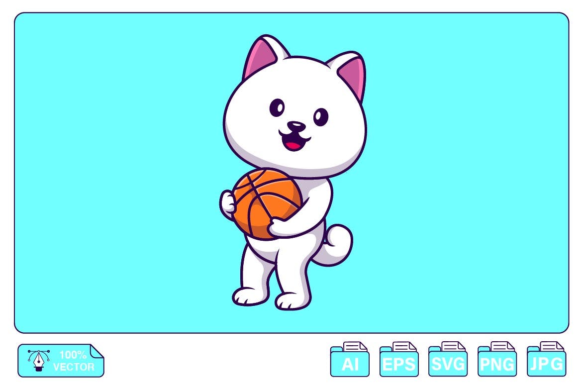 可爱卡通篮球斯皮茨狗动物插画 Cute Spitz Dog Holding Basket Ball Cartoon 图片素材 第1张