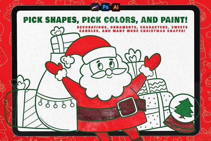 圣诞卡通线描画PS和Procreate笔刷套装 笔刷资源 第1张