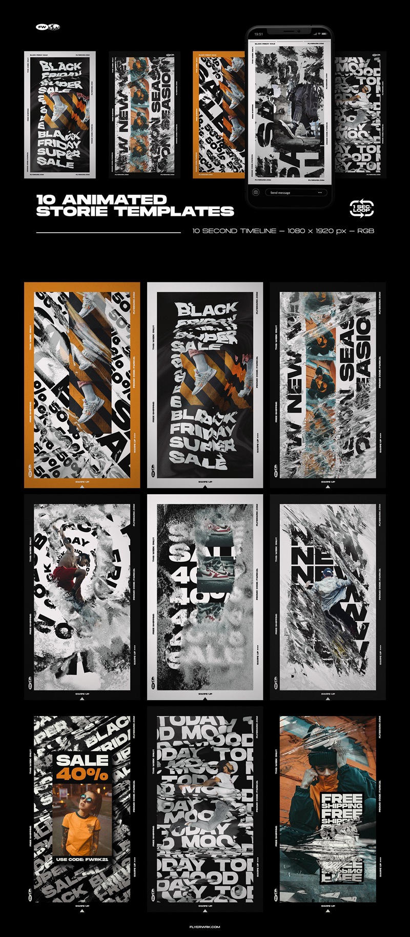 Flyerwrk 潮流炫酷水墨故障风品牌推广新媒体电商动态海报设计模板素材 设计素材 第9张