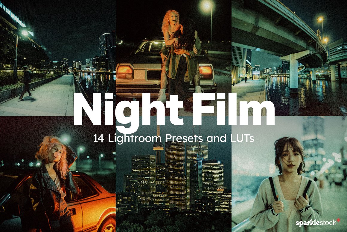 好莱坞电影级怀旧港风都市夜间摄影颗粒噪点LR预设素材 14 Night Film Lightroom Presets 插件预设 第1张