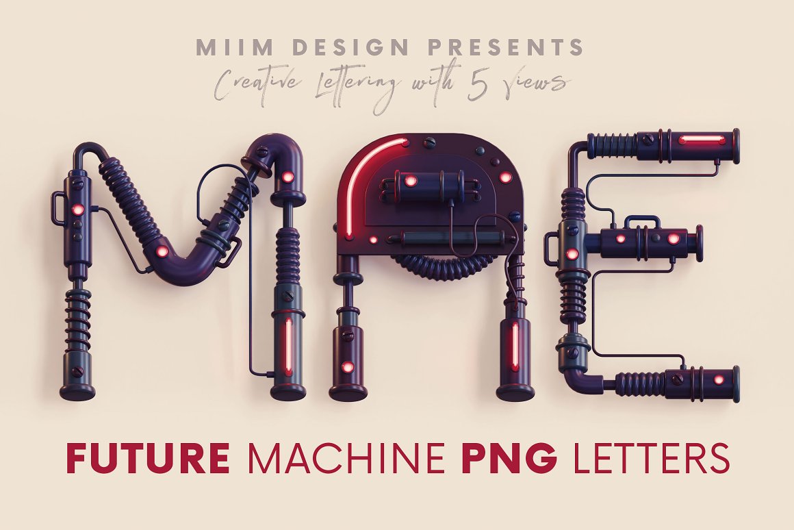 潮流未来科幻游戏3D机械霓虹灯特效字母PNG设计素材 Future Machine – 3D Lettering 图片素材 第1张