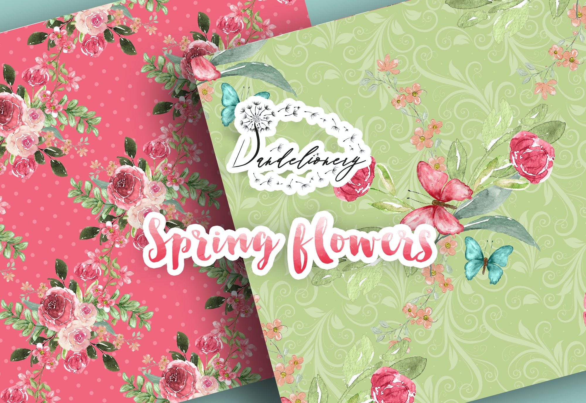 水彩春天花朵数码纸图案素材包 Spring flowers digital paper pack 设计素材 第3张