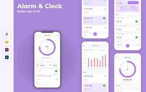 闹钟和时钟App移动应用设计UI工具包 Alarm & Clock Mobile App UI Kit