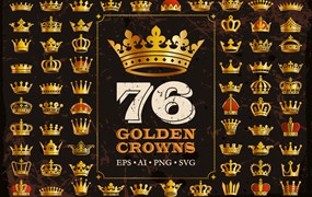 76个金色皇冠图标&矢量剪影 76 Golden Royal Crowns Icons Vector Silhouettes