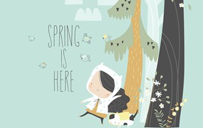 女孩与猫散步春天森林插画 Cute girl walking with her cat in the spring fores
