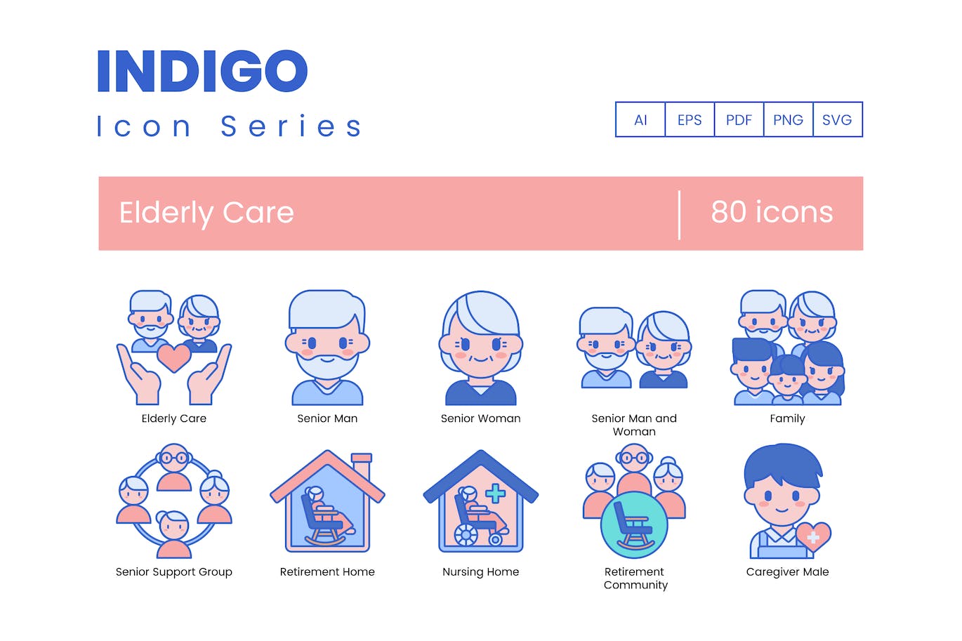 80个靛蓝系列老年护理图标 80 Elderly Care Icons – Indigo Series 图标素材 第1张