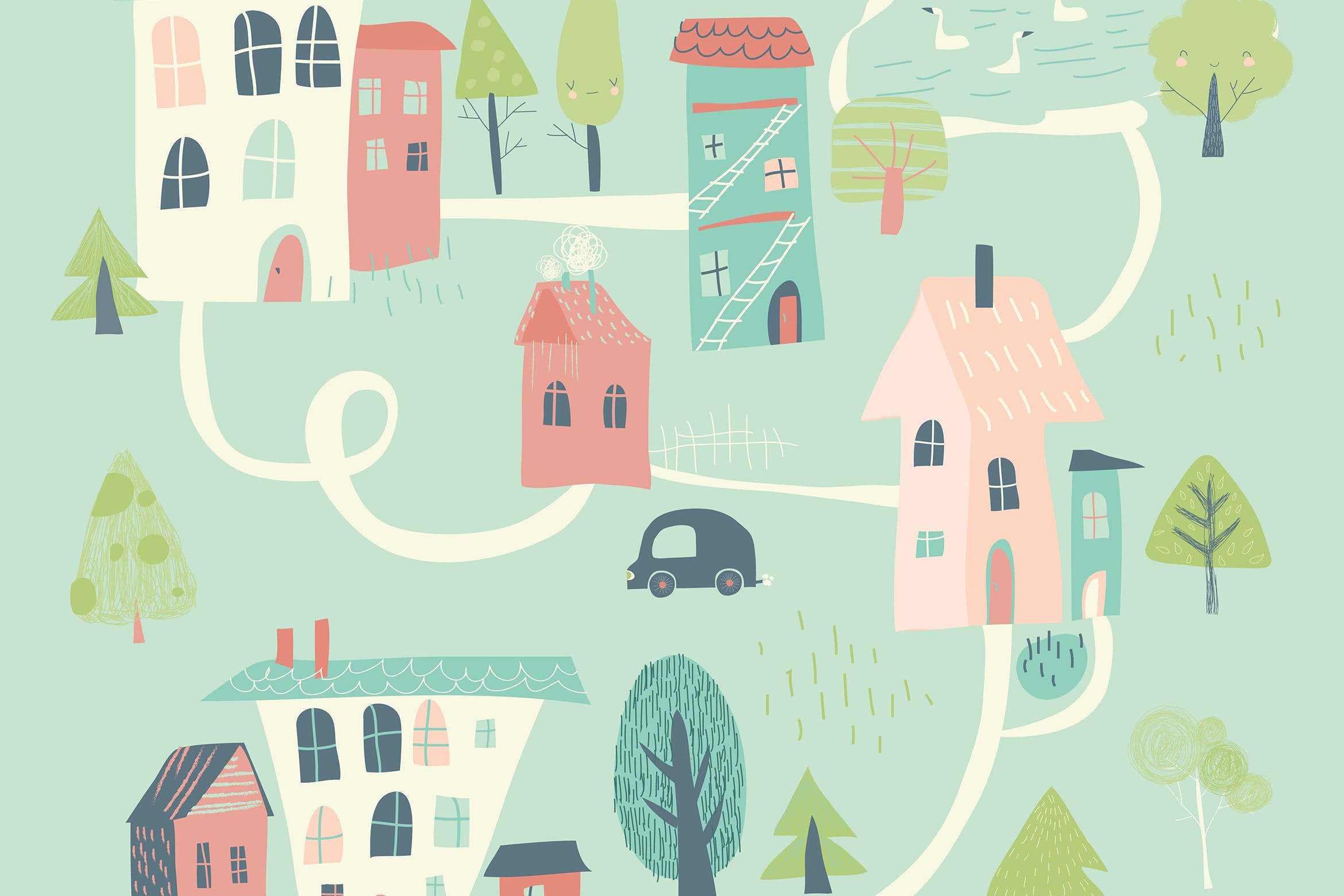 卡通风格可爱小城春天插画 Cute little town in cartoon style. Hello spring. 图片素材 第1张
