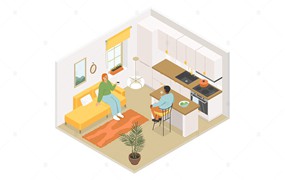 厨房交谈场景彩色等距插画 Kitchen – Colorful Isometric Illustration
