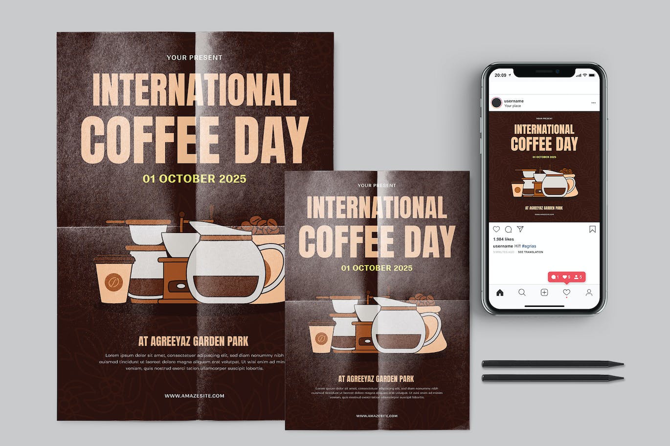 咖啡节日宣传单素材 Coffee Day – Flyer Template Set 设计素材 第1张