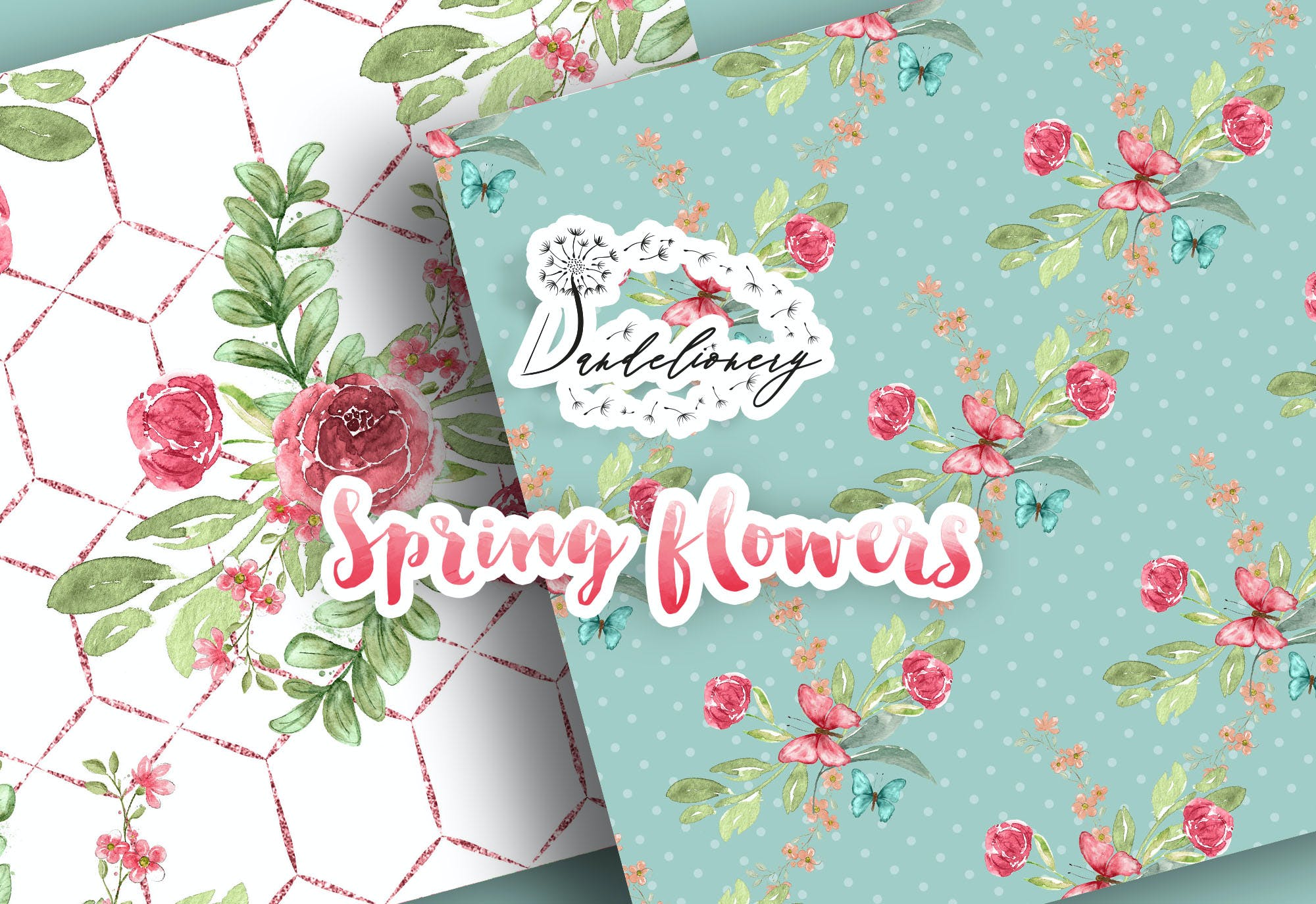 水彩春天花朵数码纸图案素材包 Spring flowers digital paper pack 设计素材 第4张