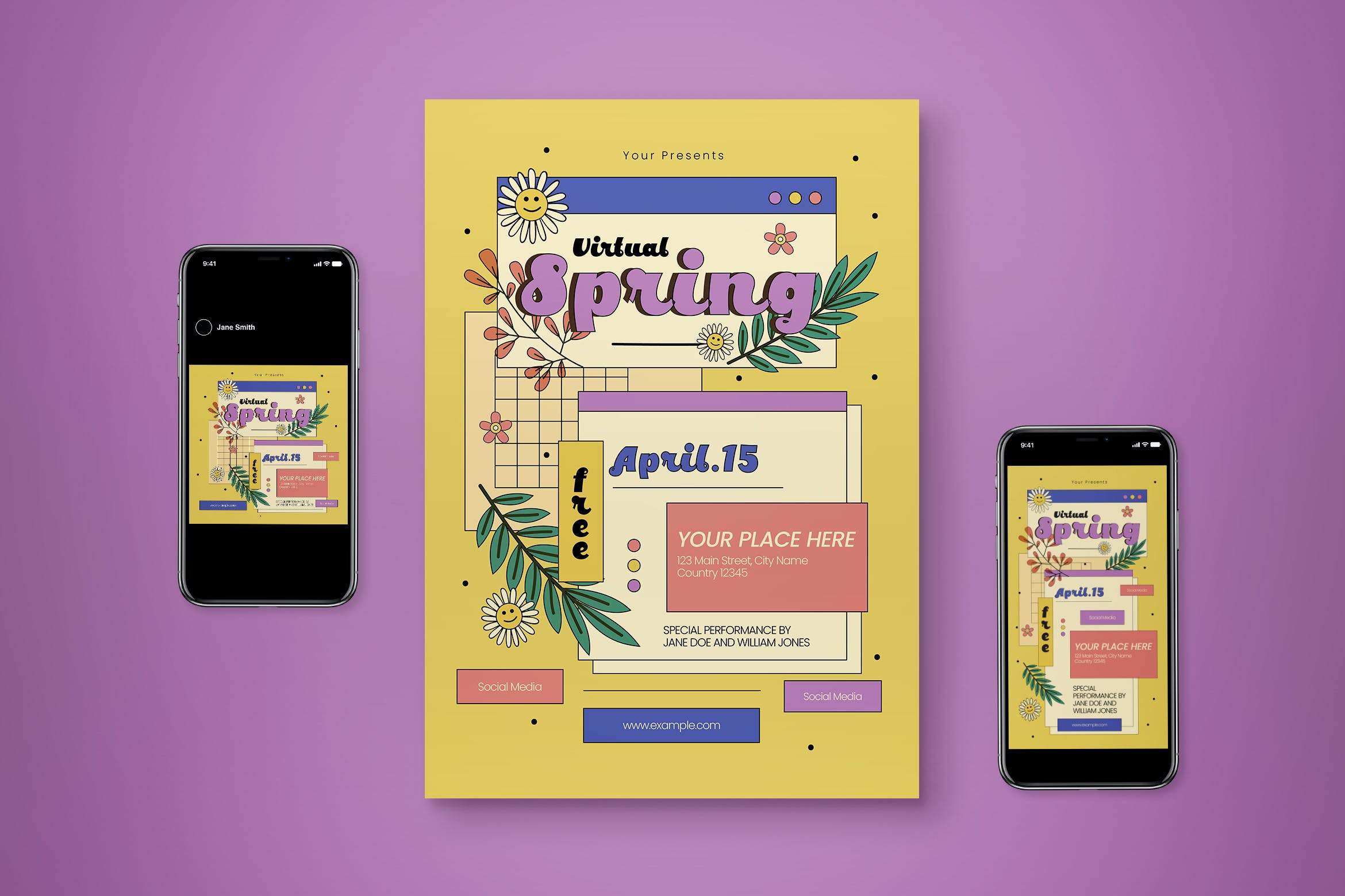 春季假期复古海报设计模板 Virtual Spring Break Flyer Set 设计素材 第1张