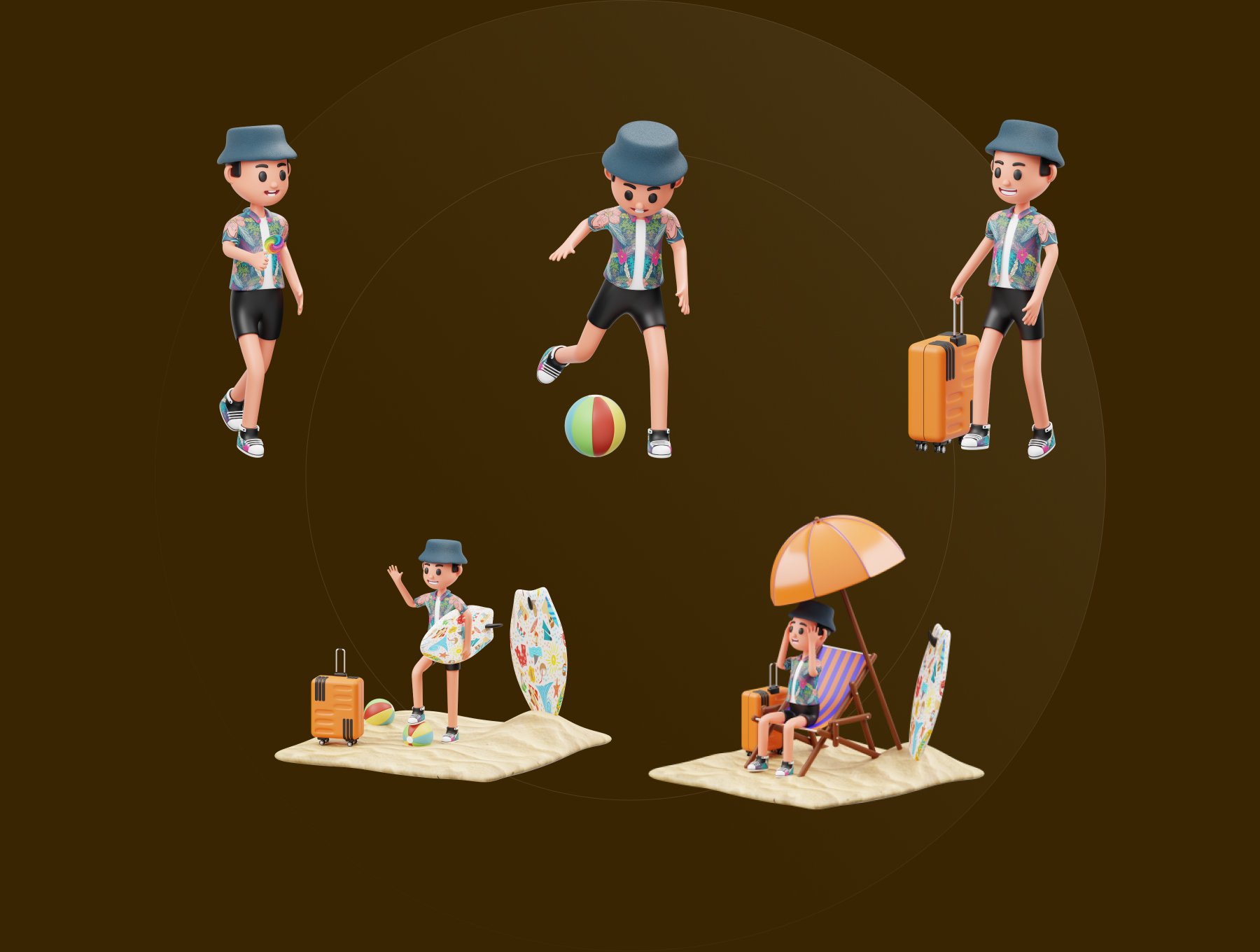 三维渲染假期旅行海滩度假主题卡通人物插画素材 Vacation 3D Character Illustration 图标素材 第6张