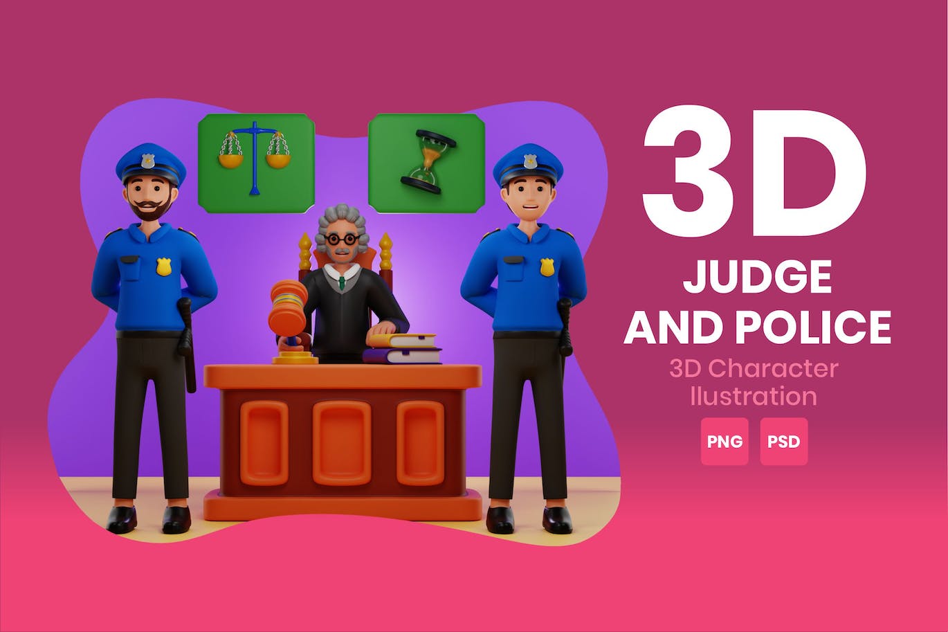 法官和警察3D角色插画素材 Judge And Police 3D Character Illustration 图片素材 第1张
