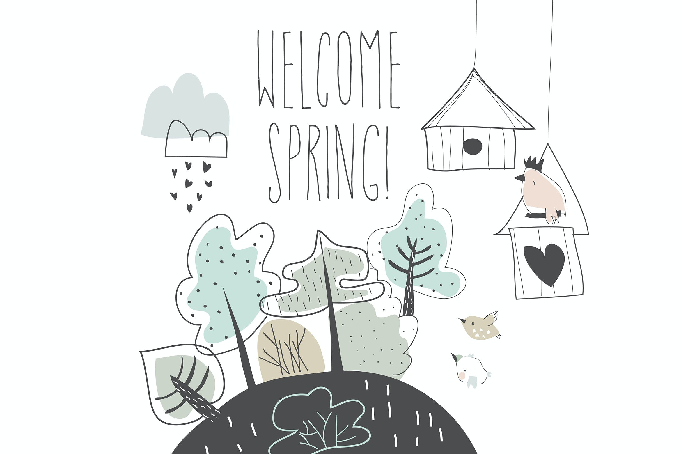 卡通春季树林鸟屋景矢量插画 Cartoon spring landscape with tres and birdhouses. 图片素材 第1张