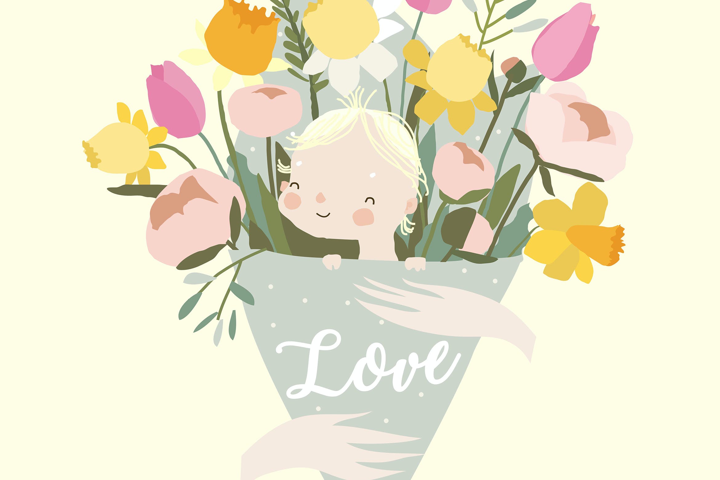 母亲手捧可爱花束春天插画 Mother holding Bouquet of Spring Flowers with Cute 图片素材 第1张