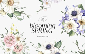 盛开的春季水彩花束手绘插画 Blooming Spring Watercolor Bouquets