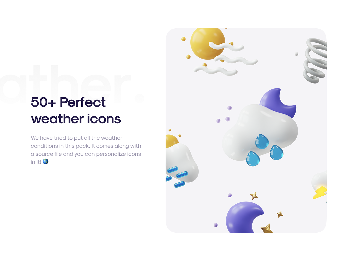 50多个3D高分辨率原始风格和粘土风格完美天气图标包 Weatherly 3D icons – 50+ Weather icons 图标素材 第3张