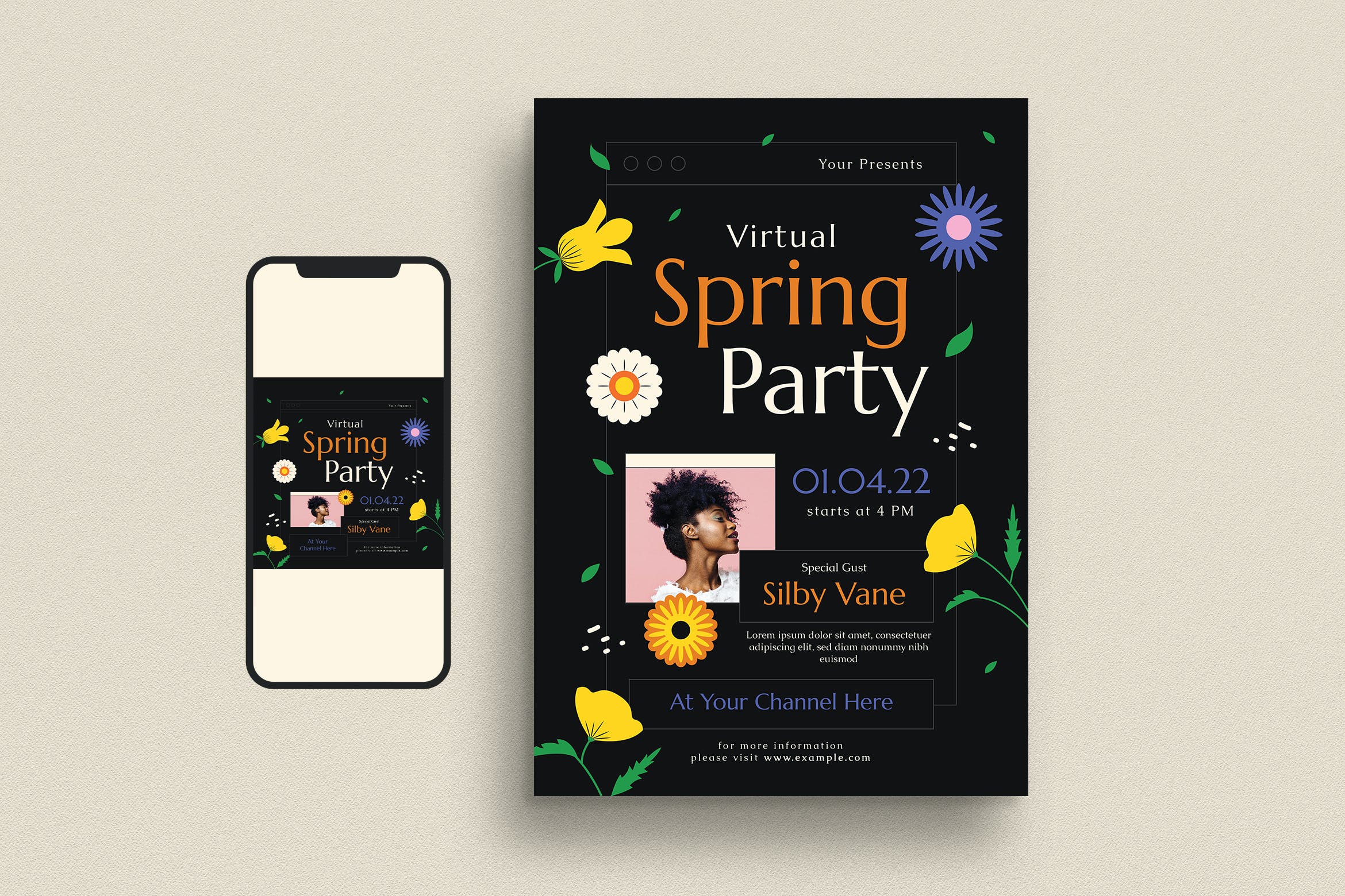 春季派对活动宣传单模板 Virtual Spring Party Event Flyer Set 设计素材 第1张