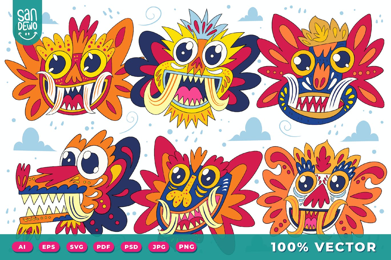 可爱的怪物头像卡通插画矢量设计 Vector Cute Monster Illustration Design 图片素材 第1张
