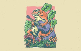 弹吉他青蛙设计插画 illustration of frog playing guitar design
