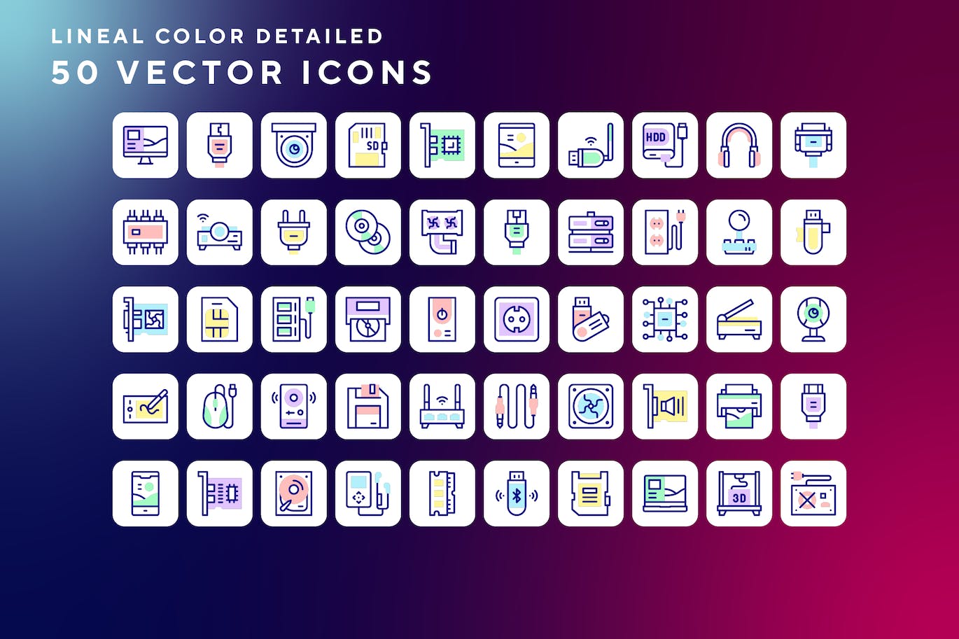 50枚硬件主题彩色线条矢量图标 Hardware icons 图标素材 第1张
