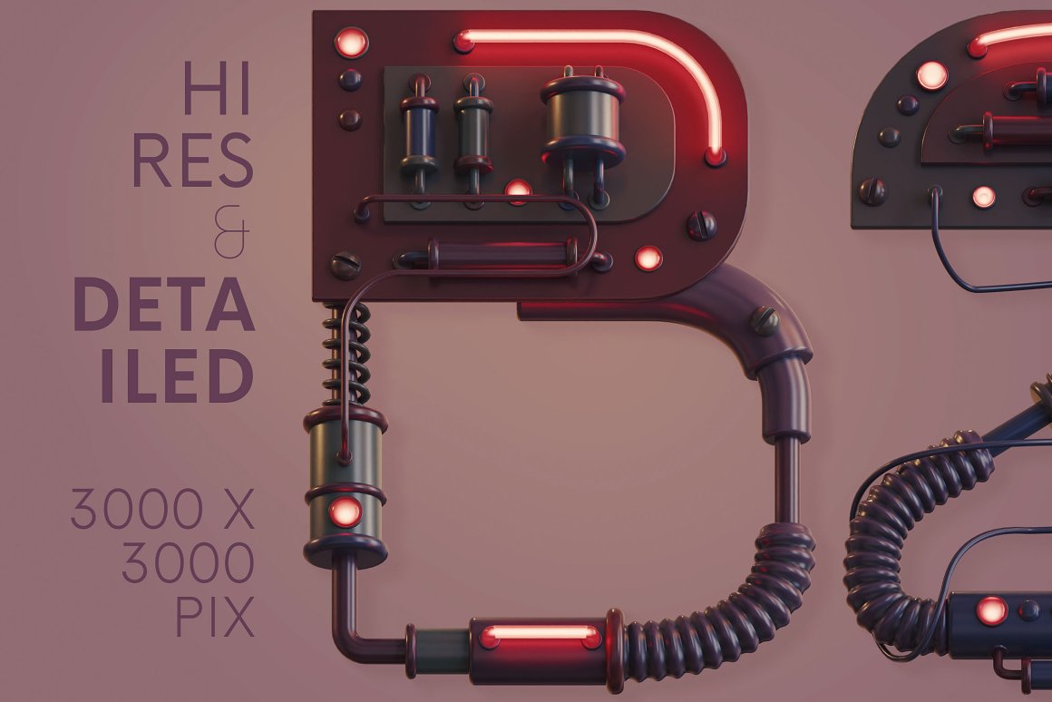 潮流未来科幻游戏3D机械霓虹灯特效字母PNG设计素材 Future Machine – 3D Lettering 图片素材 第2张