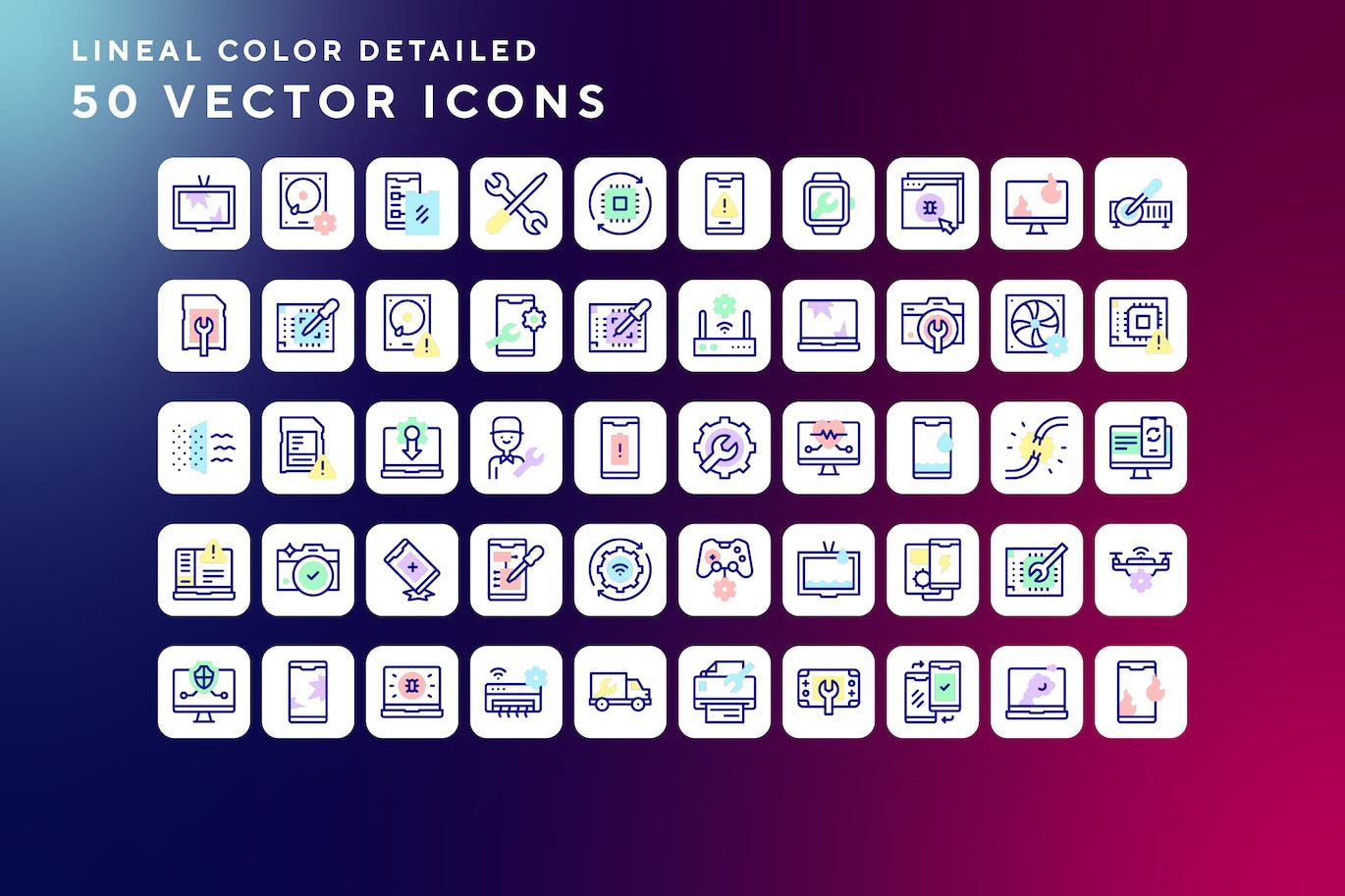 50枚设备维修主题彩色线条矢量图标 Devices repair icons 图标素材 第1张