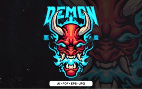 日本妖怪插画徽标Logo模板v4 Japanese Demon 4 Illustration Logo template