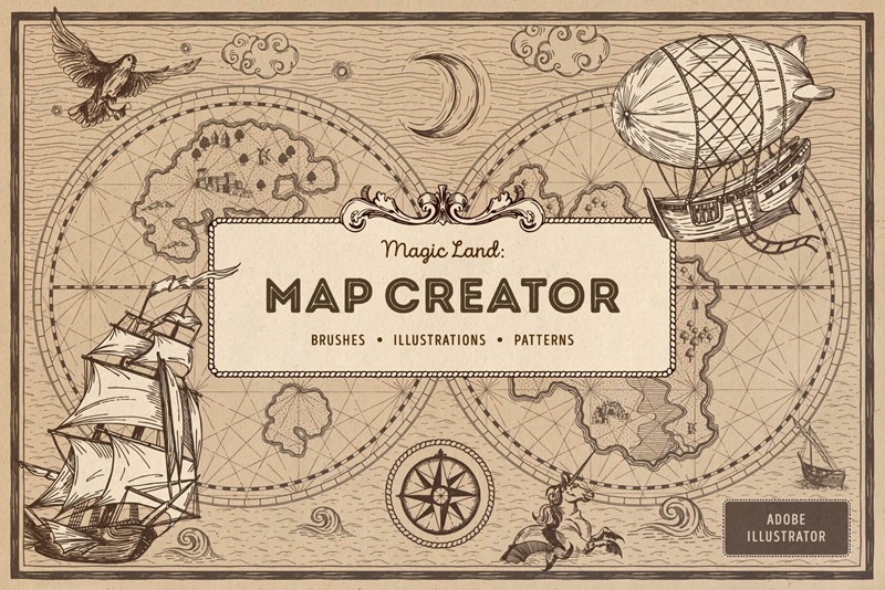 老式复古仙境地图山脉数目建筑等航海地图制作工具包Magic Lands: Vintage Map Creator 笔刷资源 第1张