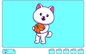可爱卡通篮球斯皮茨狗动物插画 Cute Spitz Dog Holding Basket Ball Cartoon