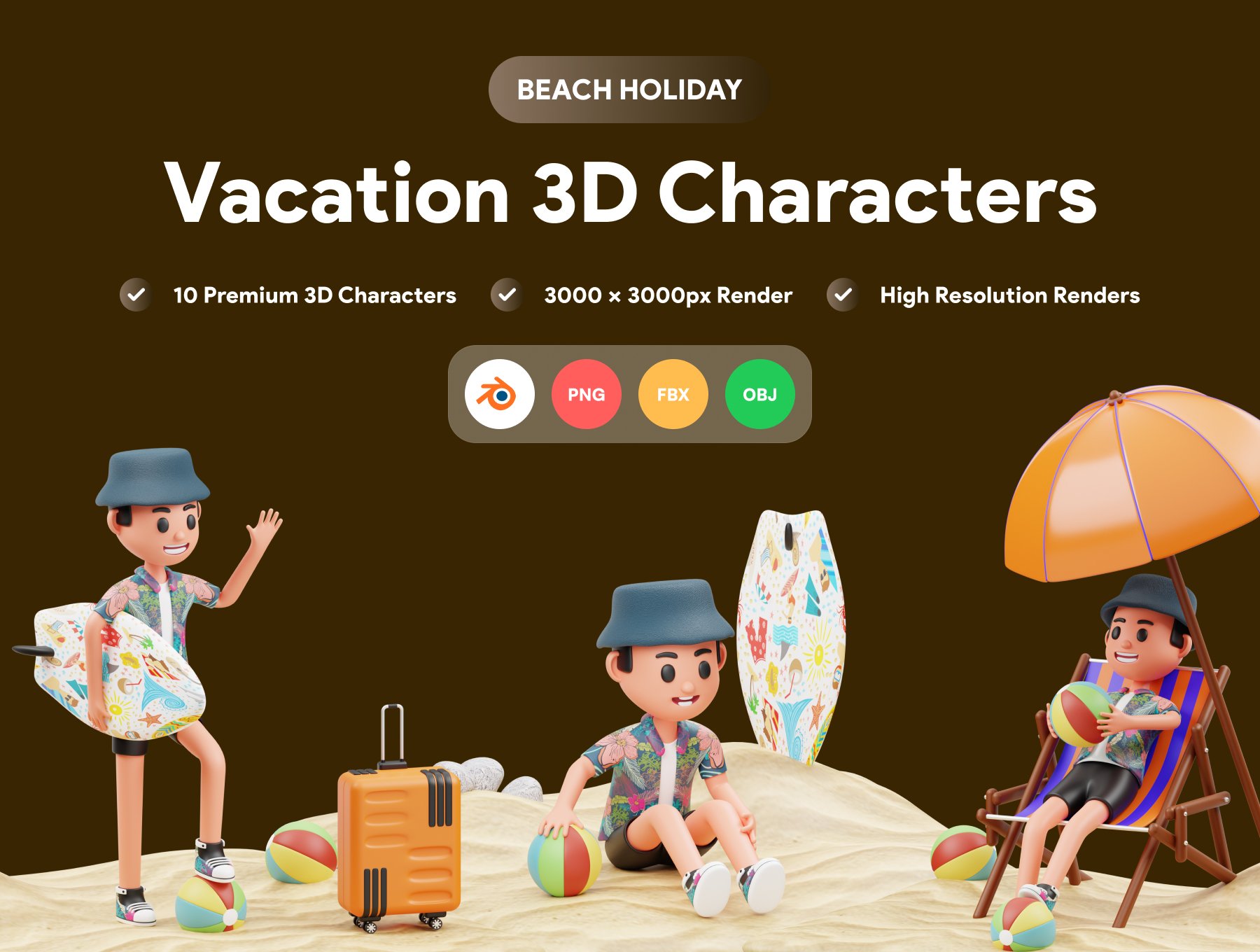 三维渲染假期旅行海滩度假主题卡通人物插画素材 Vacation 3D Character Illustration 图标素材 第1张