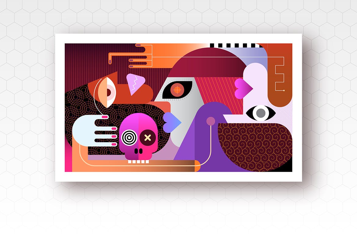 人&头骨现代抽象艺术图形插画 Three people and a skull vector illustration 图片素材 第1张