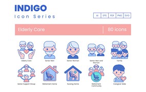 80个靛蓝系列老年护理图标 80 Elderly Care Icons – Indigo Series