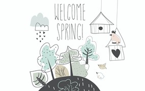 卡通春季树林鸟屋景矢量插画 Cartoon spring landscape with tres and birdhouses.
