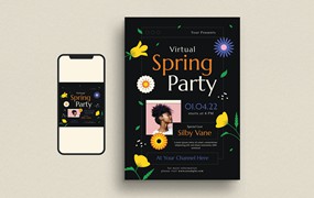 春季派对活动宣传单模板 Virtual Spring Party Event Flyer Set