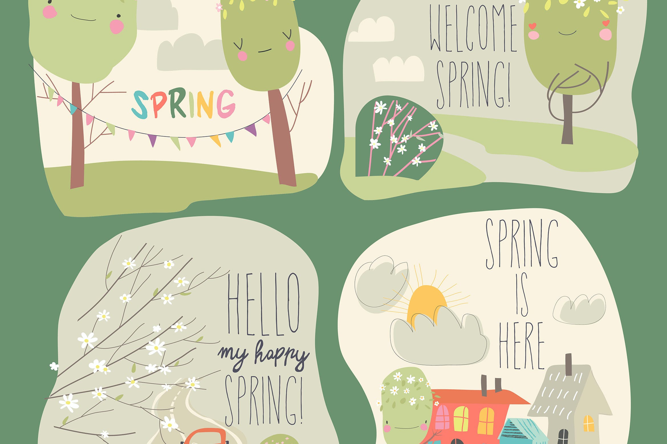 春天景观与乐趣矢量插画 Vector set of different spring landscape with funn 图片素材 第1张