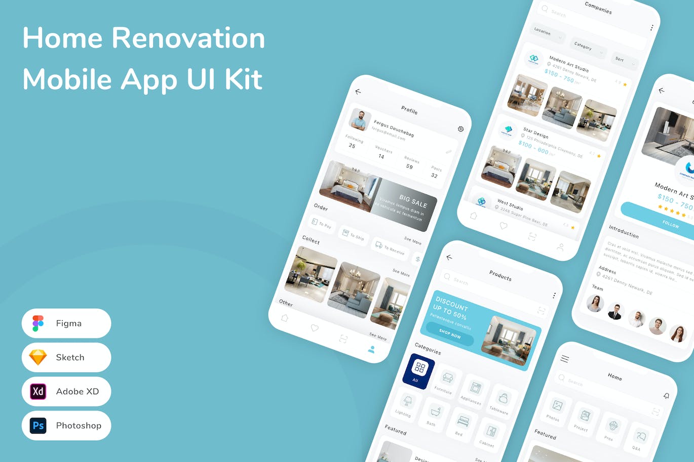 房屋装修App应用程序UI工具包素材 Home Renovation Mobile App UI Kit APP UI 第1张