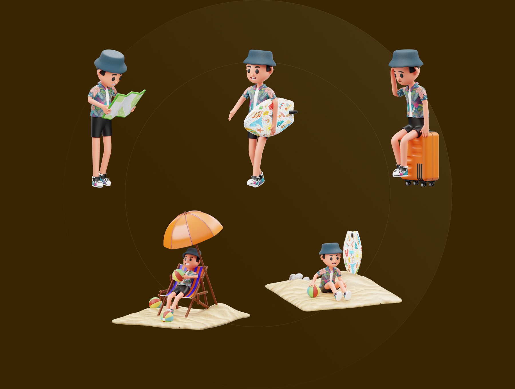 三维渲染假期旅行海滩度假主题卡通人物插画素材 Vacation 3D Character Illustration 图标素材 第4张