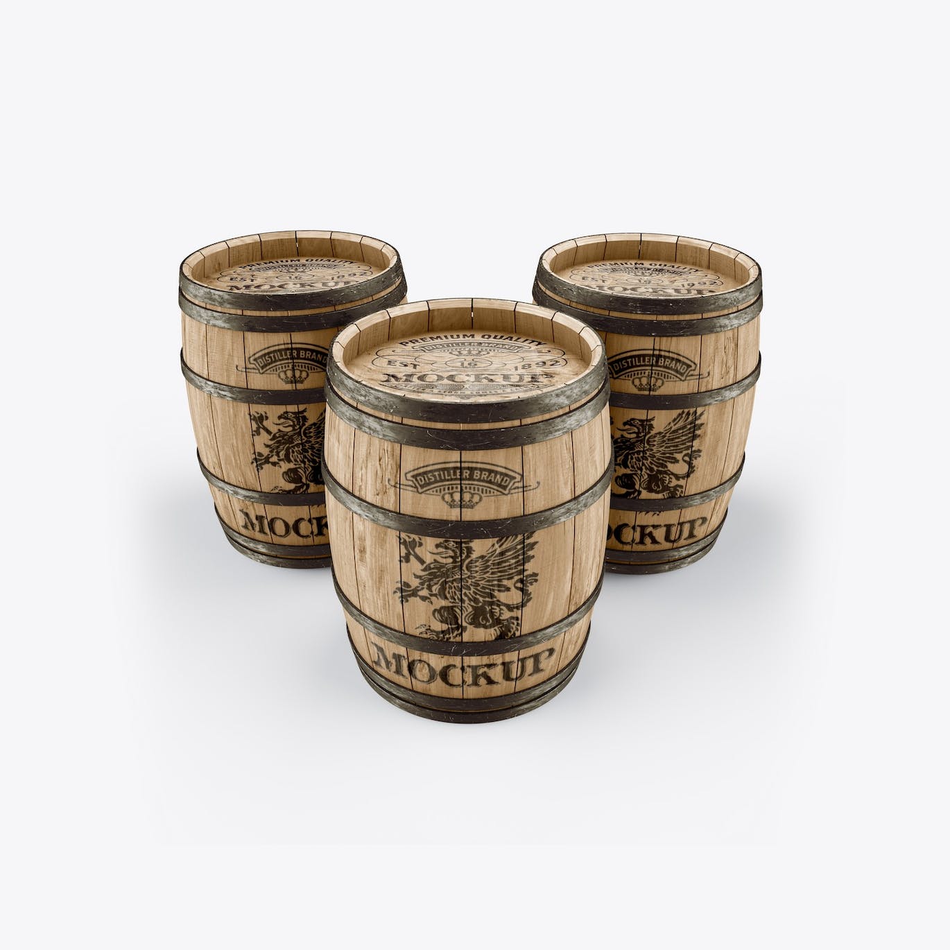 葡萄酒木桶标签品牌设计样机 Set Wooden Barrels Mockup 样机素材 第3张